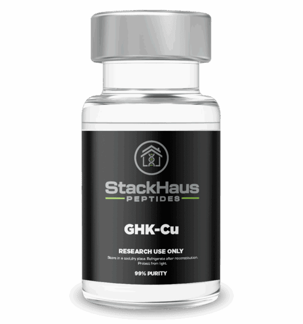 GHK-Cu copper peptide research vial, 99.81% purity verified by HPLC, supplied by StackHaus Research for laboratory use only