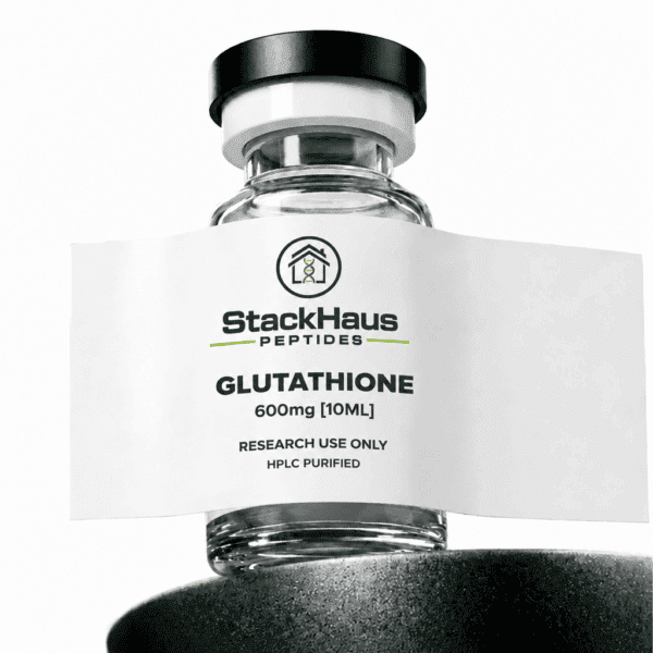 Stackhaus Peptides Glutathione 600mg 10ML vial on a dark green, black, grey, and white display base